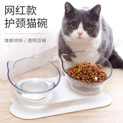 貓碗透明雙碗貓糧碗水碗貓食盆貓碗架狗碗狗糧盆斜口護脊椎 質感貓飼料