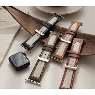 【獨家款｜10代可用】 男女可戴韓風牛皮拼帆布Apple Watch錶帶9 8代 SE 44 40 45 41 42mm
