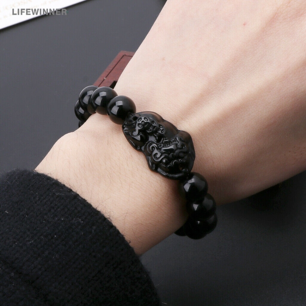中國風水黑曜石手鍊/中性貔貅財富和好運金黑色手鍊首飾
