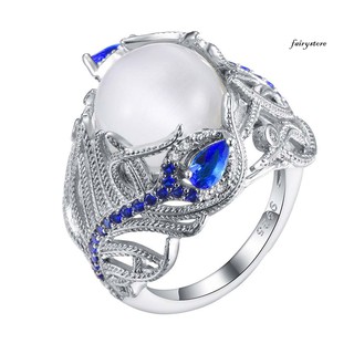 Fs+女士人造藍寶石蛋白石鑲嵌孔雀羽毛手指戒指婚禮首飾