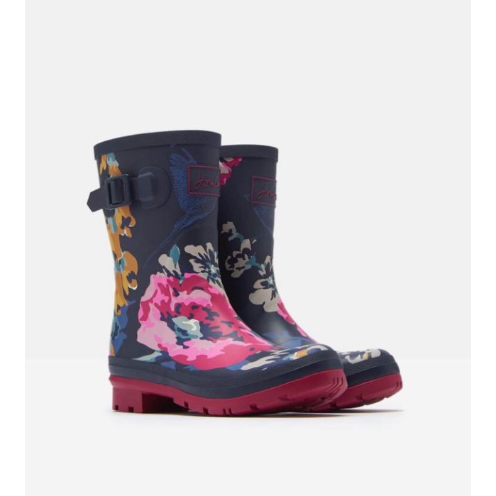 Miolla 英國品牌Joules 深藍底彩色花朵中筒雨鞋/雨靴