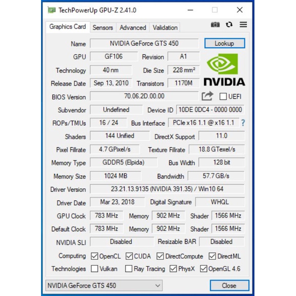 Vga NVidia GeForce GTS 450 1GB GDDR5 128 位