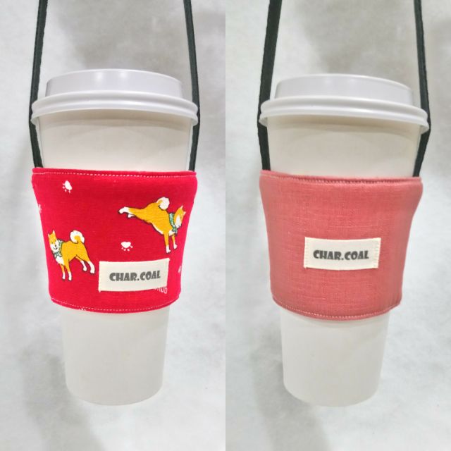 [小黑炭手作舖] 日系 柴犬 財犬 環保杯套 飲料提袋 咖啡提袋 雙面 雙色 正反兩用