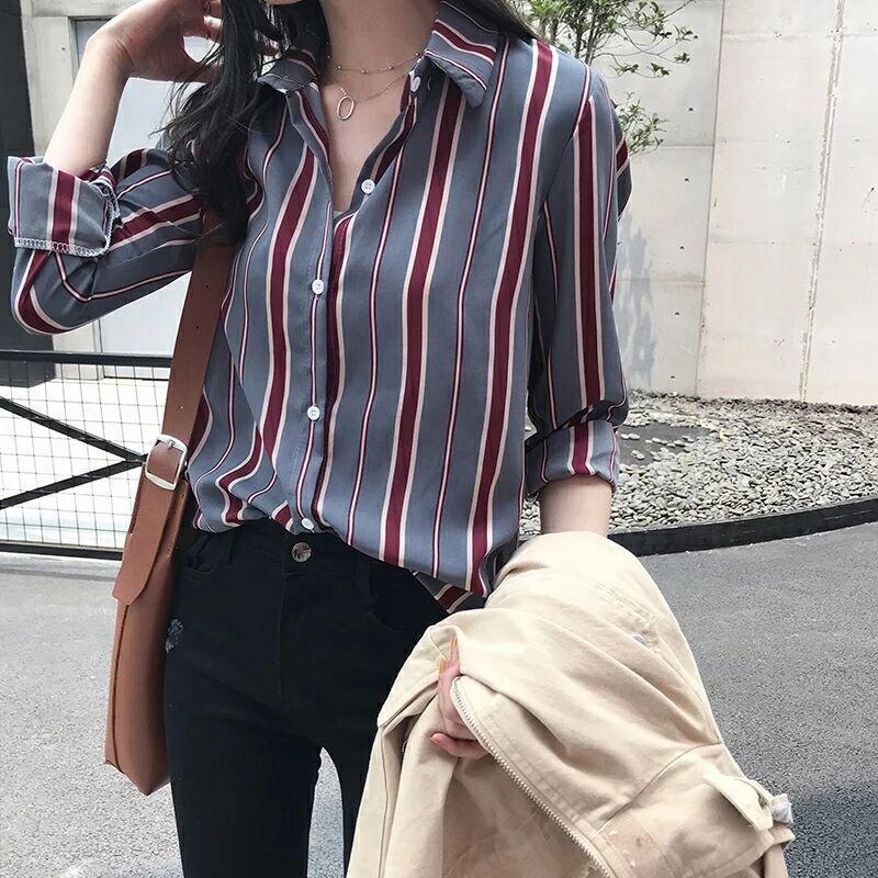 【🍒櫻桃大尺碼】M-4XL 大尺碼 大尺碼女裝寬鬆BF條紋襯衫女長袖上衣打底襯衫 氣質通勤 港味撞色拼接襯衫上衣