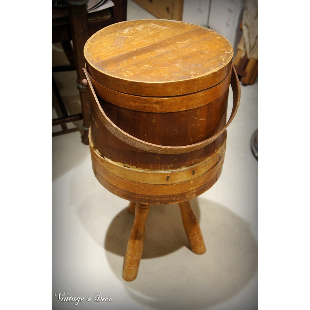 美國古董裁縫編織用品線軸收納木箱 復古老木桶 也可當小茶几 [BOX-0331]
