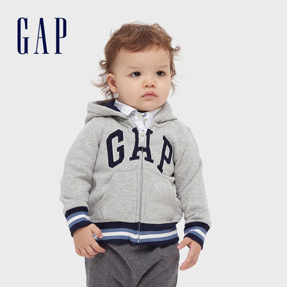 Gap 嬰兒裝 Logo可愛熊耳造型連帽外套 碳素軟磨系列-淺灰色(618781)