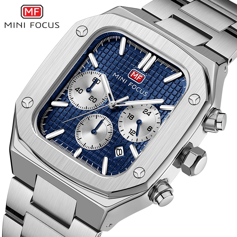 Mini FOCUS 新款石英男士手錶酷潮菱格方形錶殼合金設計計時碼表夜光防水三眼不銹鋼商務男士手錶