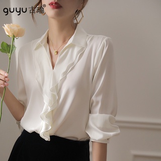 女生上衣【M-2XL】2022早秋新款長袖襯衫女神優雅氣質甜美荷葉邊模擬絲白色上衣
