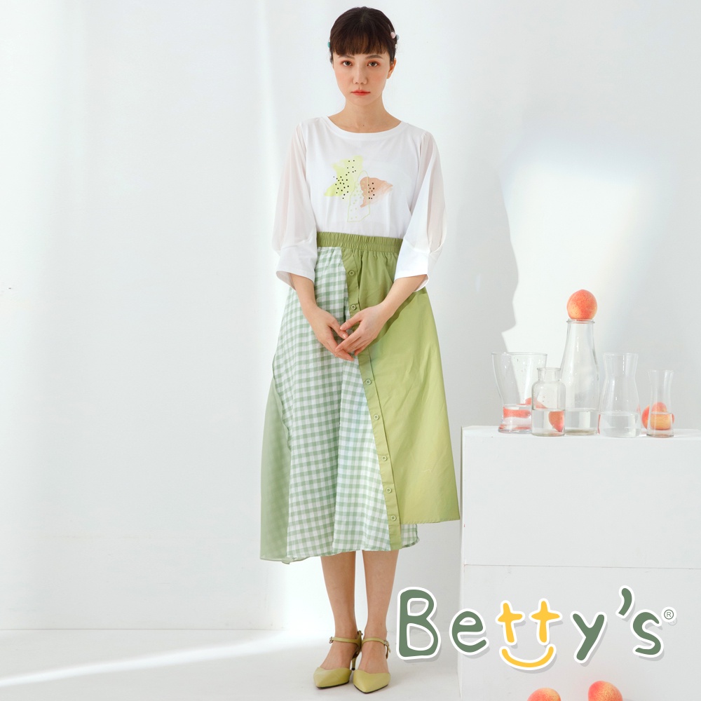 betty’s貝蒂思(11)素面拼接格布雪紡長裙 (粉綠)