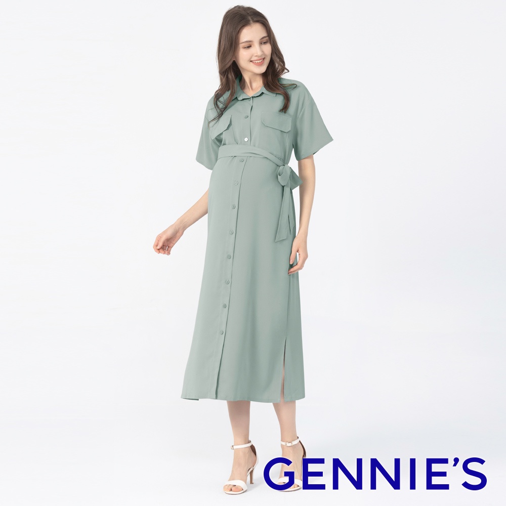 【Gennies 奇妮】工裝風雪紡孕婦洋裝-綠(T1N13)