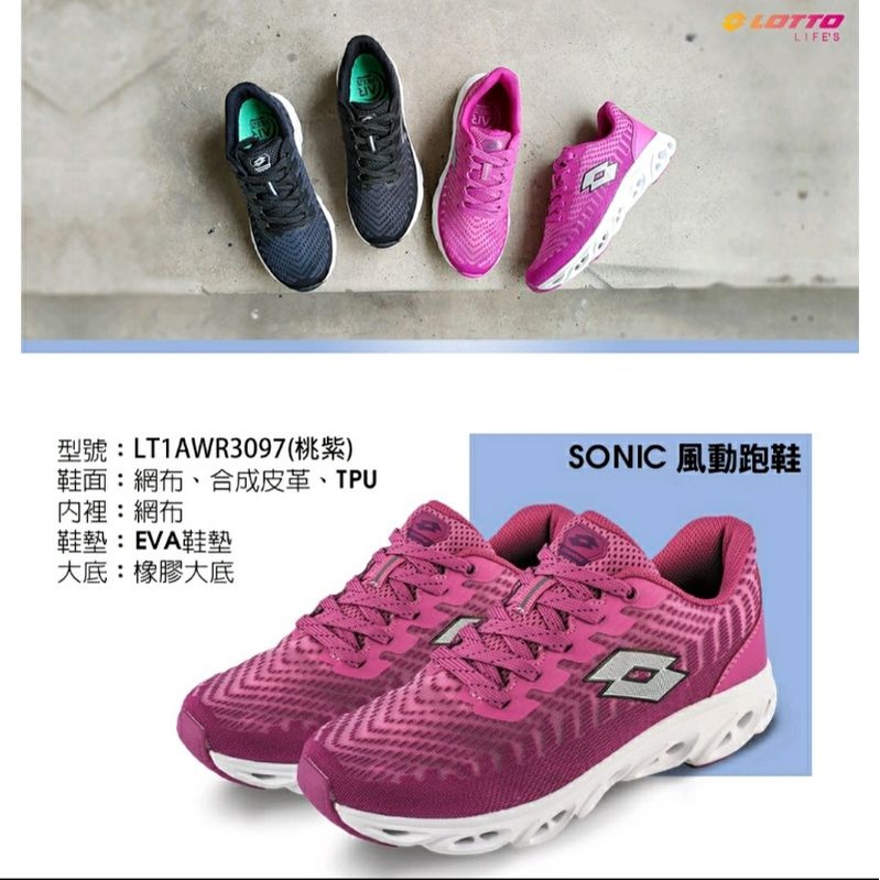 【LOTTO】女 SONIC 風動跑鞋(桃紫-LT1AWR3097 黑色LT1AWR3090