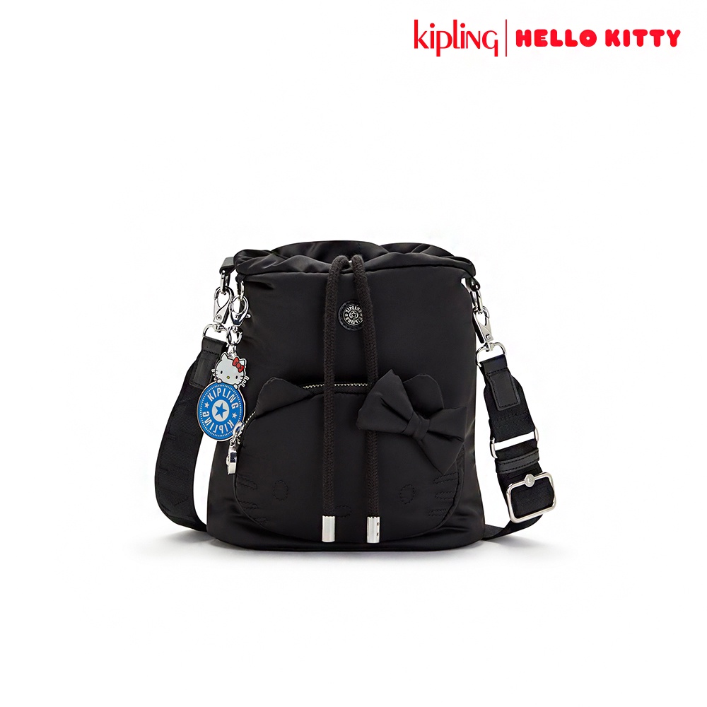 Kipling x HELLO KITTY個性黑鋪棉立體抽繩水桶包-KYLA