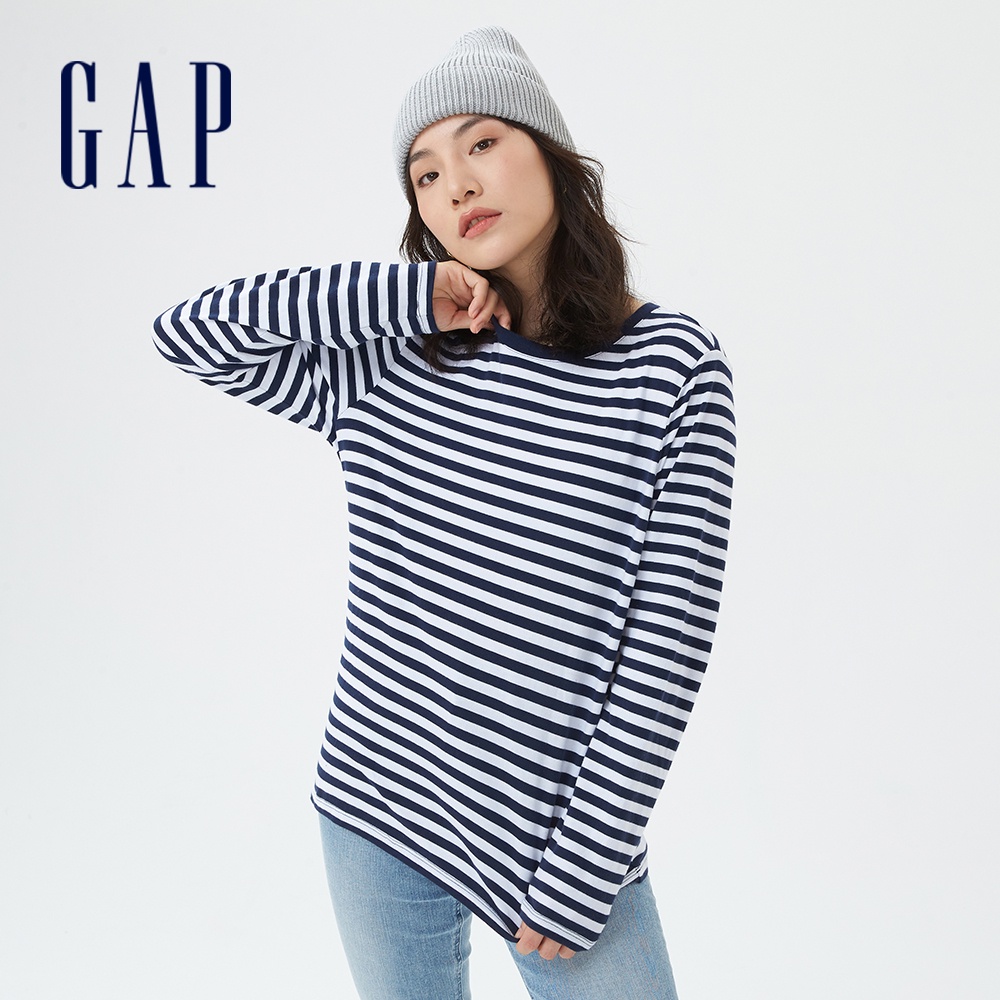 Gap 女裝 條紋長袖T恤 厚磅密織碳素軟磨系列-海軍藍條紋(753682)