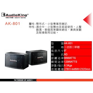 愛音音響館-Audio King-AK-801-懸吊式歌唱喇叭-公司貨