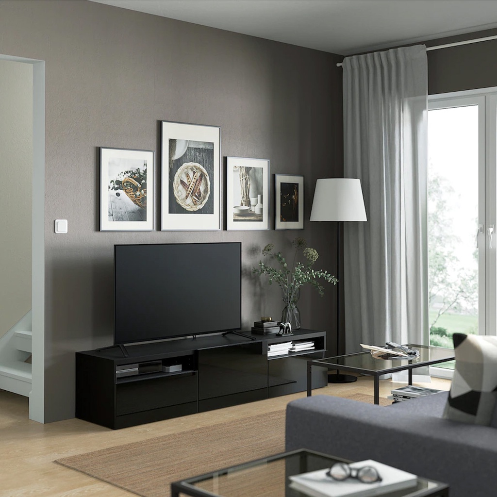 北歐LOFT風格IKEA宜家BESTÅ電視櫃附抽屜收納櫃抽屜櫃層櫃/黑棕色拼鏡面/180x42/二手八成新/特$5500