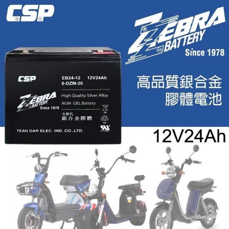 電池達人】電瓶 ZEBRA EB24-12 6-DZM-20 12V24AH 腳踏車 EVH12240