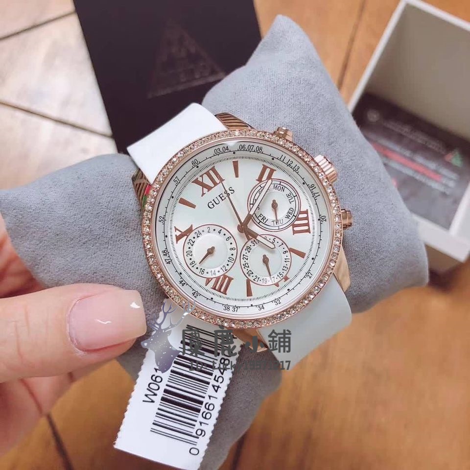 麋鹿小铺✨GUESS 手錶 玫瑰金銀色錶盤白色矽膠錶帶石英女生三眼計時腕錶 42mm W0616L1