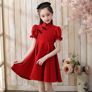 女童 改良 旗袍 夏季 新款 小女孩 中國風 紅色 連衣裙 兒童 洋氣 公主 禮服裙 夏季款 中式連衣裙