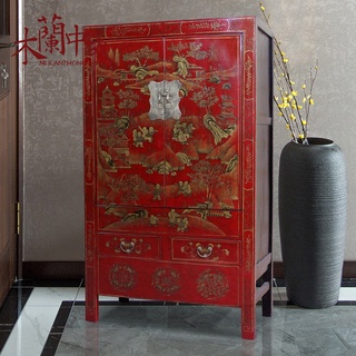 【高階實木家具 復古實木櫃】中式明清仿古實木家具蝴蝶榆木描金衣櫃/紅漆臥室整裝衣櫃/儲物櫃