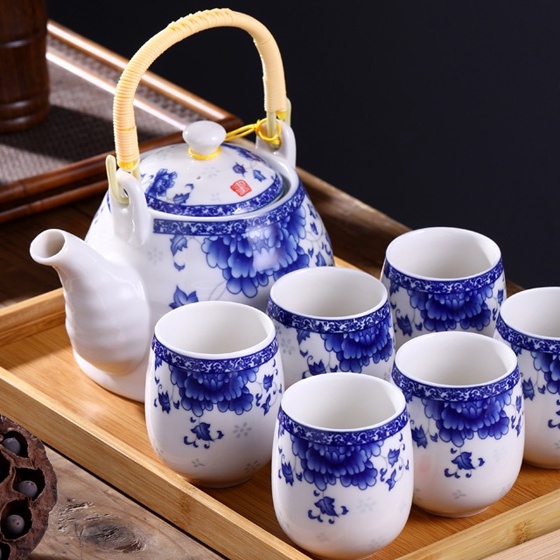 【山宇晴】陶瓷茶具套裝仿古系列 家用整套茶具 功夫茶具 現代簡約茶具 茶壺茶杯7件組 送竹托