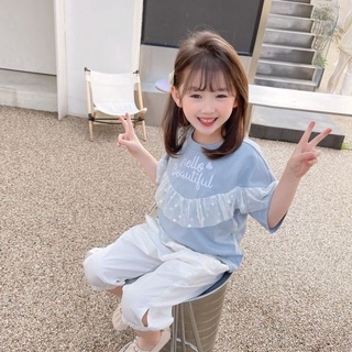 🐻臺灣現貨 淡水出貨 韓版百搭短袖上衣 童裝 中大童短袖上衣 女童蕾絲短袖上衣圓領 蕾絲純棉上衣