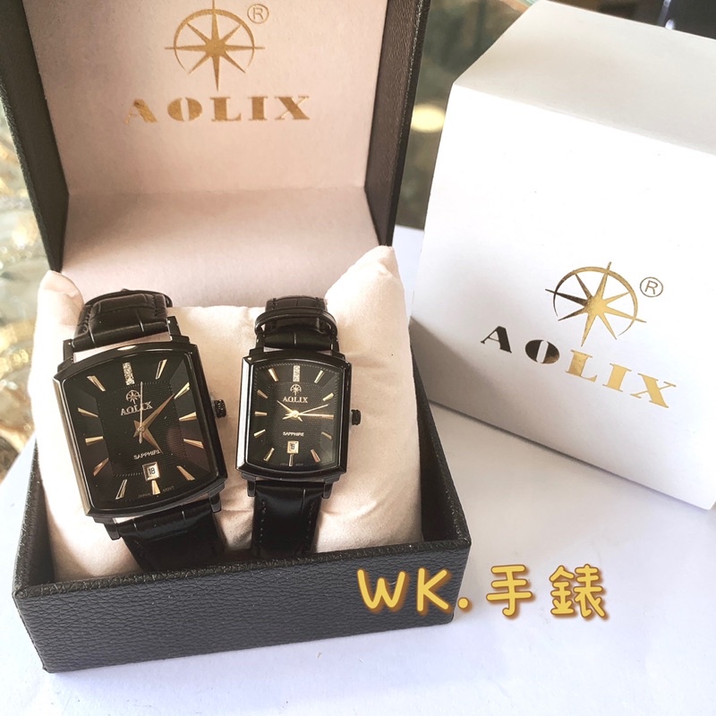 ✨ AOLIX ✨ 鑲鑽方型流行女錶 男錶 對錶 保固兩年 日期真皮帶錶 情侶款