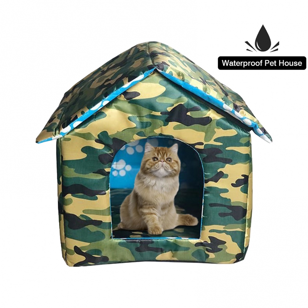 戶外/室內寵物屋 便攜式可折疊貓窩帳篷小屋 防水加厚狗貓屋 防風雨寵物收容所 迷彩綠色