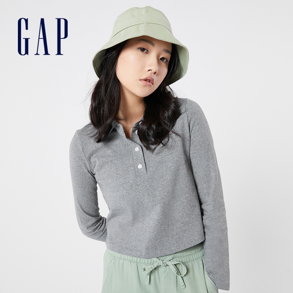 Gap 女裝 Logo純棉條紋/素色翻領長袖T恤 厚磅密織水洗棉系列-灰色(833421)