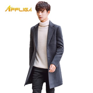 ✦AFFLIGA✦【M-5XL】秋冬毛呢風衣韓版修身潮流男裝中長款毛呢料英倫翻領保暖長版外套大尺碼大衣素色修身外套男生