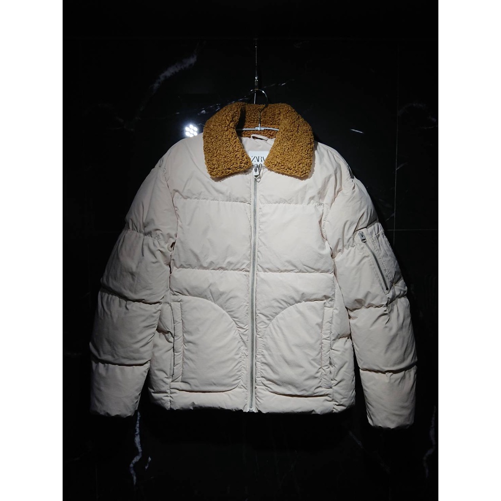 【S&amp;K Shop】正品全新 ZARA 鋪棉 飛行 外套 夾克 跨年 寒流 保暖 撞色 泰迪熊 毛領 米色 尺寸M
