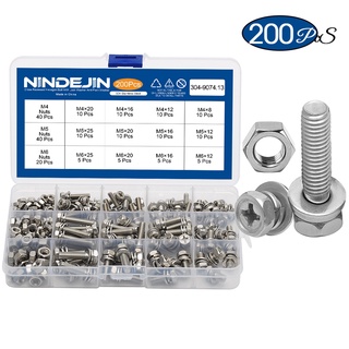 NINDEJIN 200個 304不鏽鋼十字槽六角頭螺絲螺母墊圈盒裝三組合 多規格外六角十字頭機械螺釘螺栓 M4M5M6