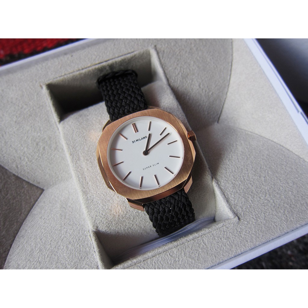 【全新】D1 MILANO 義大利新銳手錶品牌 SUPER SLIM系列 白面玫瑰金殼貝龍編織帶腕錶_36mm