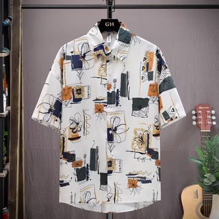 韓版街頭嘻哈潮流男士短袖襯衫印花大碼寬鬆舒適夏威夷襯衫