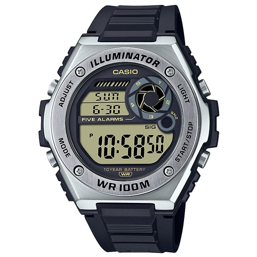 【CASIO】重工業風金屬錶圈膠帶電子錶-銀框X黃面(MWD-100H-1B)