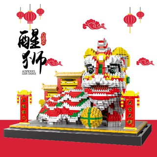 ◆專業頑具◆醒獅 臺灣出貨 舞龍舞獅 新年禮物 迷你積木 小顆粒 拼插 積木 新春禮物 玩具 擺飾 透明展示盒 防塵盒