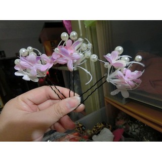 美顏色 飾品 正反雙面可用3支粉紅色花朵珍珠髮叉頭飾髮飾 古裝漢服日本和服日式浴衣中式新娘頭飾秀禾服花魁可用