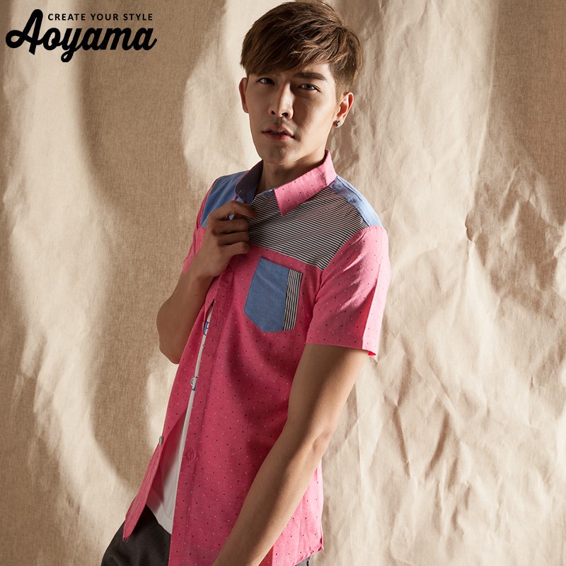 韓系 滿版彩點設計拼接造型短袖襯衫【G20299】青山AOYAMA