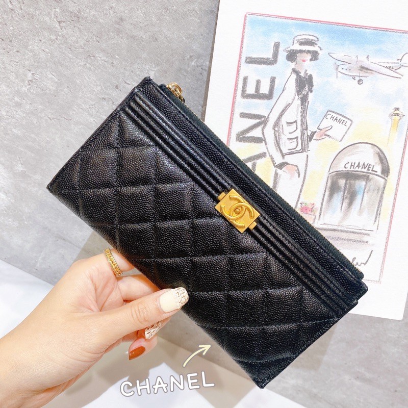 二手旗艦chanel 香奈兒黑色荔枝牛皮菱格紋復古金boy釦六卡上拉鍊扁長夾 訂金賣場非本人勿下標 蝦皮購物