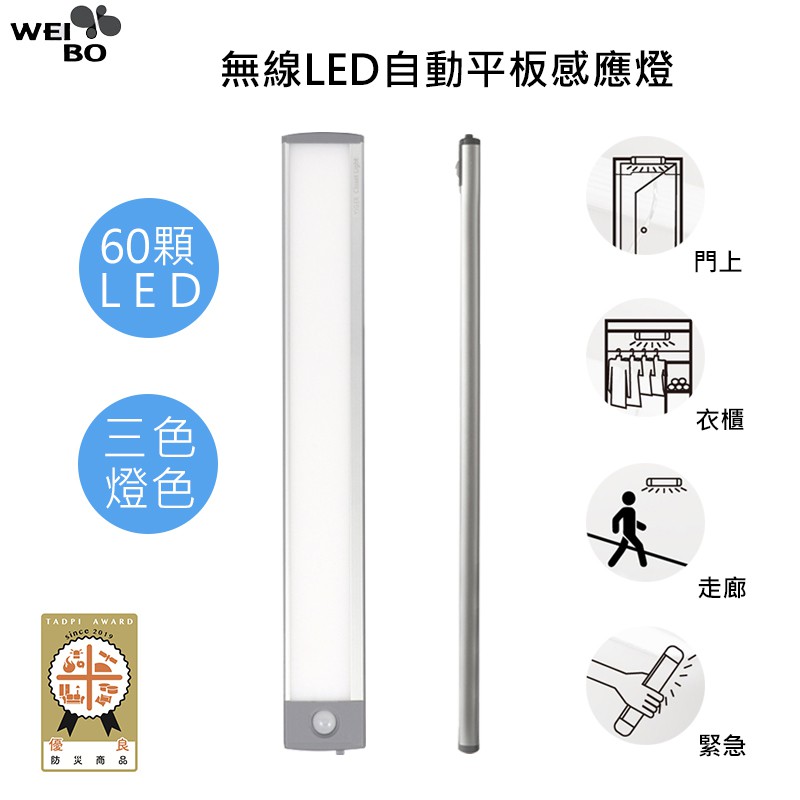 WEIBO 無線60顆LED自動平板感應燈三種燈光款(獲得2020年度防災商品認證標章)-現貨