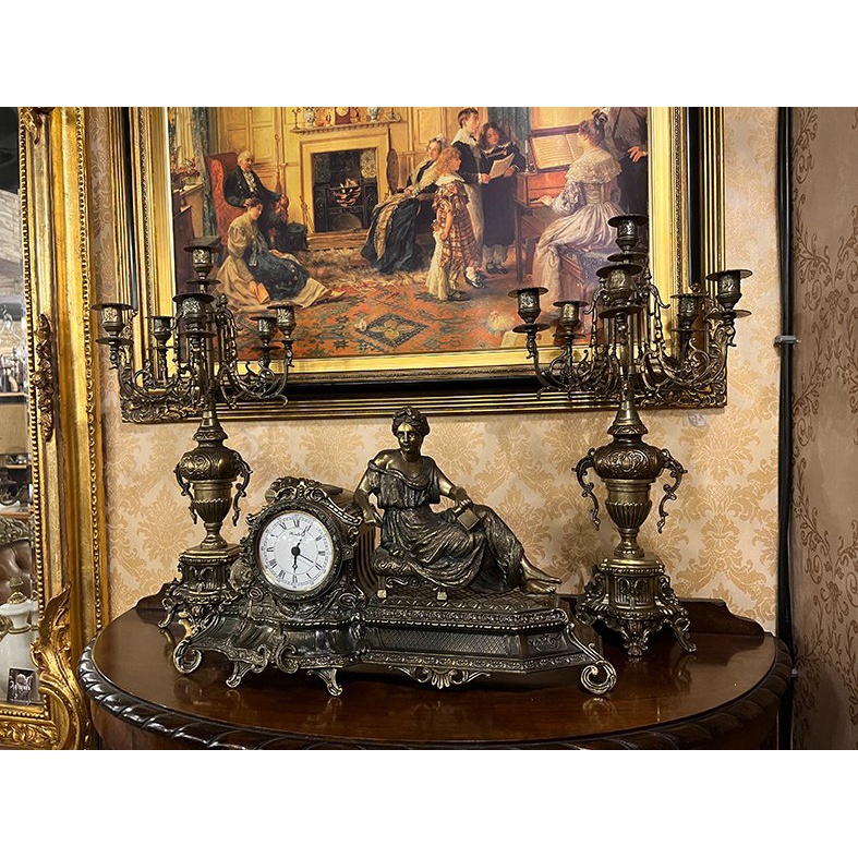法國巴洛克風格女神銅雕浮雕座鐘與匹配的華麗燭台一對『整套3件』『品項完美』#522205