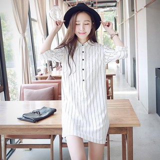 💖現貨臺灣出💖Small Puzi 韓國定製百搭豎條紋襯衫連身裙 連衣裙 長袖上衣