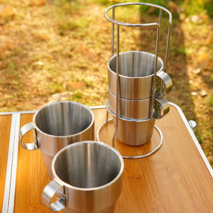 ☕️【現貨】☕️ 不鏽鋼咖啡杯架組(4件/6件) 野餐露營杯 不鏽鋼杯 鋼杯 戶外餐具 登山露營 咖啡杯 杯架