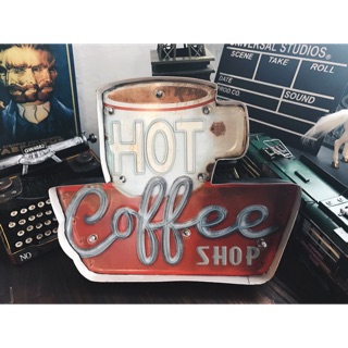 臺灣出貨 Coffee 咖啡店裝飾 美式 復古 工業風 掛飾 鐵皮 LED燈泡 壁掛 擺設 裝飾 掛飾 冰店擺飾 裝潢