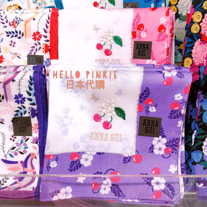 日本代購anna Sui 日本製造花櫻桃蝴蝶綿刺繡紫色粉紅方巾手帕禮品紙袋 蝦皮購物