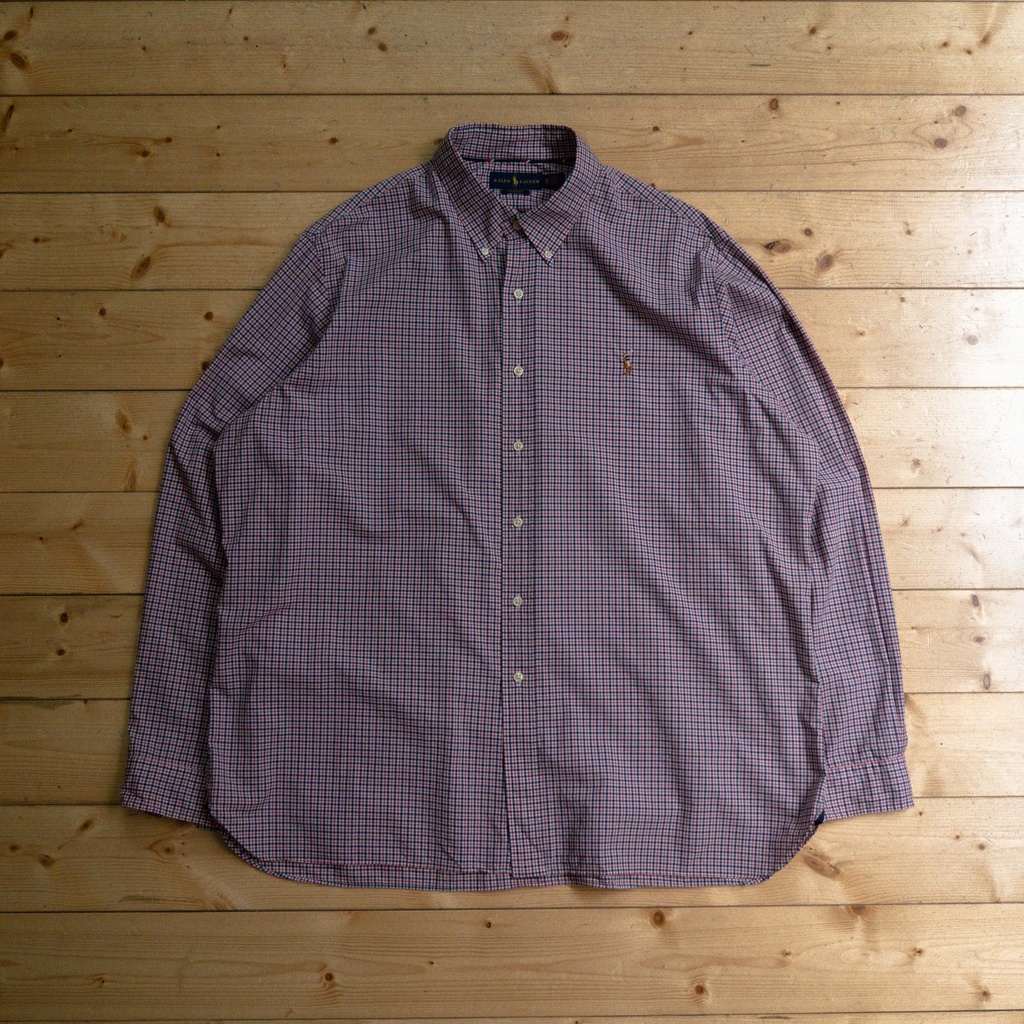 《白木11》 🇺🇸 90s Polo Ralph Lauren BD shirt 美國 格紋 扣領 府綢 長袖 襯衫