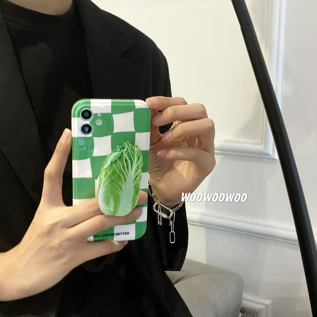韓國ins綠色棋盤格手機殼大白菜支架蘋果手機殼iphone12/11Promax/Xr/78Plus/Xsmax