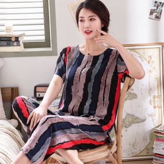 夏季中老年人短袖棉綢睡衣 套裝加大碼女士人造棉媽媽裝綿綢家居服
