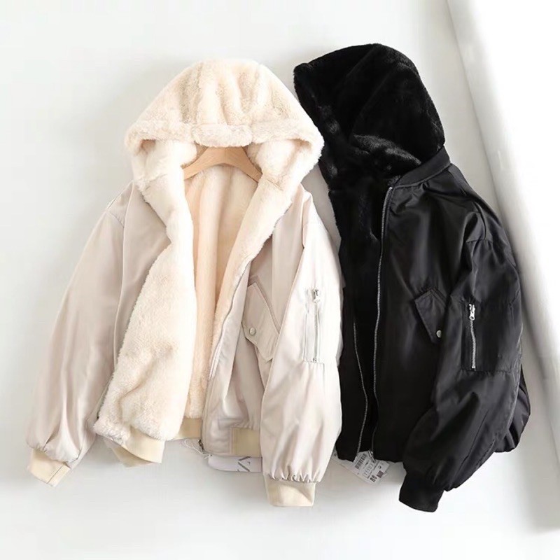 Zara秋冬款飛行外套雙面穿兩面穿毛绒夾克連帽外套| 蝦皮購物