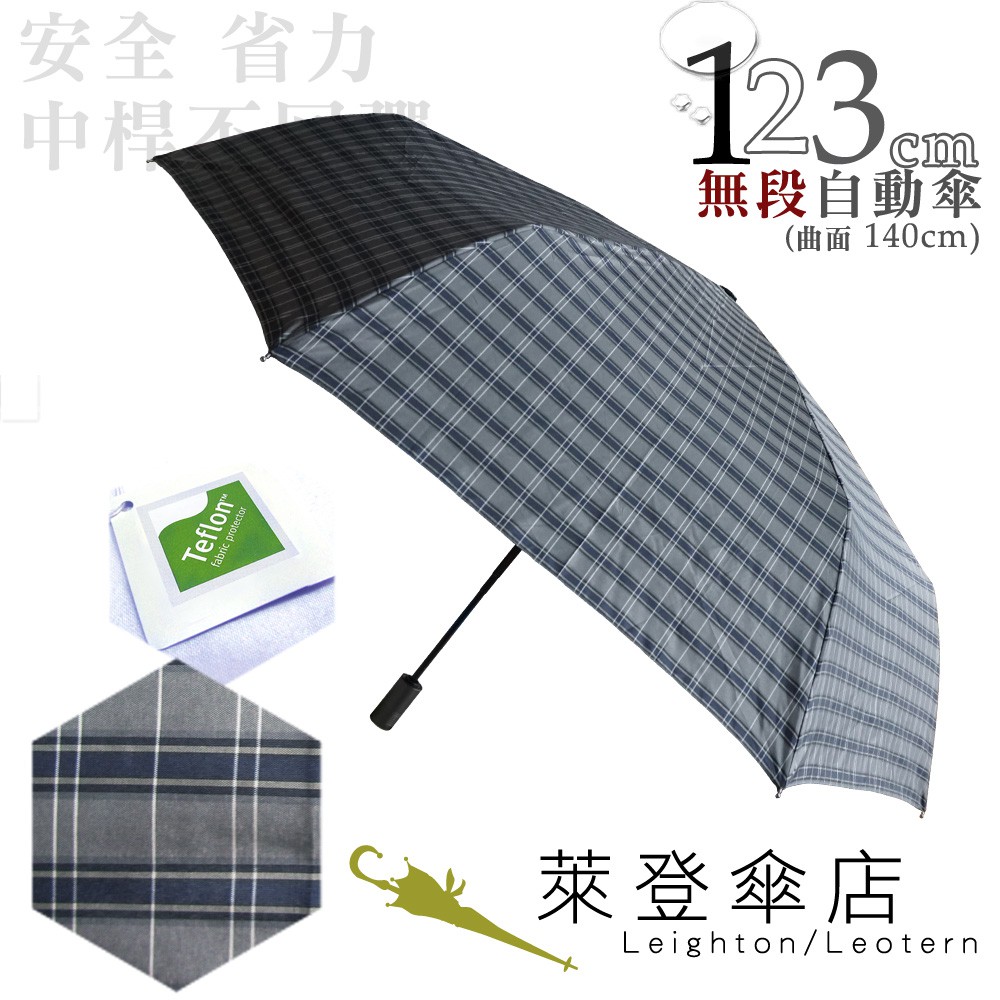 【萊登傘】雨傘 格紋布 不回彈 123cm超大無段自動傘 易甩乾 防風抗斷 灰黑格紋