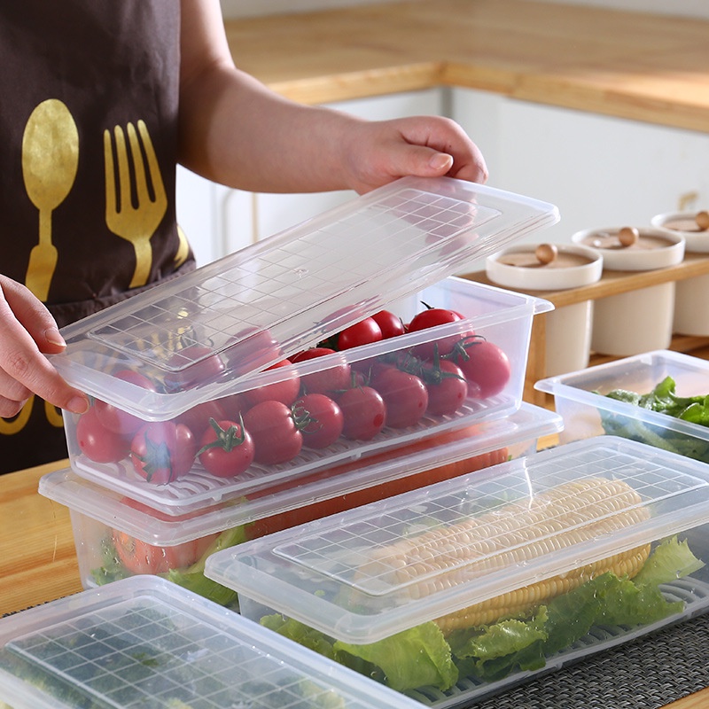 台灣現貨_DH027 瀝水保鮮盒 透明保鮮盒 瀝水盒 冰箱收納盒 蔬果保鮮盒 長方形保鮮盒 食物保鮮 魚盒WENJIE